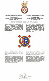 Letters patent confirming the impaled Arms of Office of James Cyrille Gervais as Deputy Herald Chancellor