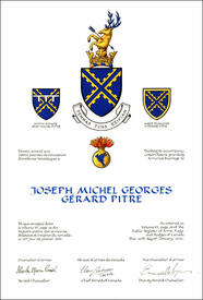 Lettres patentes concédant des emblèmes héraldiques à Joseph Michel Georges Gérard Pitre