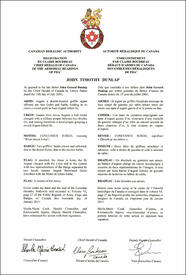 Lettres patentes enregistrant les emblèmes héraldiques de John Timothy Dunlap