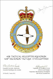 Letters patent confirming the blazon of the Badge of the 408 Tactical Helicopter Squadron