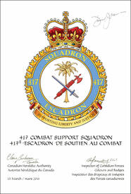 Lettres patentes approuvant le blasonnement de l'insigne du 417e Escadron de soutien au combat