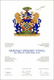 Letters patent granting heraldic emblems to Donald Stewart Ethell