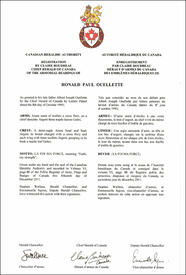 Letters patent registering the heraldic emblems of Ronald Paul Ouellette