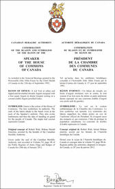 Lettres patentes confirmant le blason du bâton du Président de la Chambre des Communes du Canada