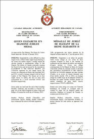 Lettres patentes enregistrant  la Médaille du jubilé de diamant de la reine Elizabeth II