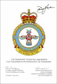 Lettres patentes confirmant le blasonnement de l'insigne du 426e Escadron d’entraînement au transport