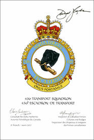 Letters patent confirming the blazon of the Badge of the 436 Transport Squadron