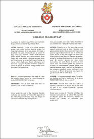 Lettres patentes enregistrant les emblèmes héraldiques de William McGillivray Lettres patentes enregistrant les emblèmes héraldiques de William McGillivray