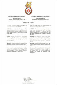 Letters patent registering the heraldic emblems of Thomas Stott