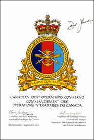 Letters patent approving the Badge of the Canadian Joint Operations Command