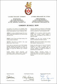 Letters patent registering the heraldic emblems of Gordon Russell Dow