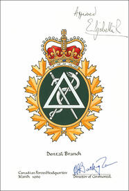 Lettres patentes confirmant le blason de l'insigne et du drapeau du Service dentaire des Forces canadiennes