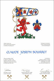 Letters patent granting heraldic emblems to Claude Joseph Bourret