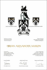 Letters patent granting heraldic emblems to Brian Alexander Miron