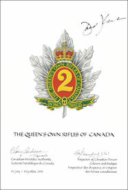 Lettres patente approuvant les emblèmes héraldiques de The Queen's Own Rifles of Canada