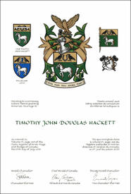 Letters patent granting heraldic emblems to Timothy John Douglas Hackett
