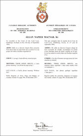 Letters patent registering the heraldic emblems of Allan Napier MacNab
