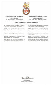 Lettres patentes enregistrant les emblèmes héraldiques de John Charles Alison Heriot