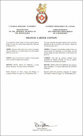 Lettres patentes enregistrant les emblèmes héraldiques de Francis Carter Cotton