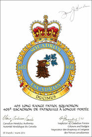 Lettres patentes confirmant l'insigne du 405e Escadron de patrouille à longue portée