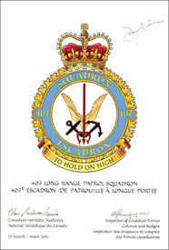 Lettres patentes confirmant l'insigne du 407e Escadron de patrouille à longue portée