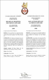 Lettres patentes enregistrant les emblèmes héraldiques du prince Edward