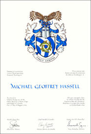 Letters patent granting heraldic emblems to Michael Geoffrey Hassell