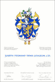 Letters patent granting heraldic emblems to Joseph Fernand Denis Gougeon