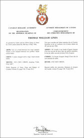 Lettres patentes enregistrant les emblèmes héraldiques de Thomas William Lines