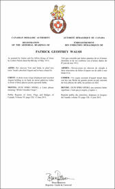Lettres patentes enregistrant les emblèmes héraldiques de Patrick Geoffrey Walsh