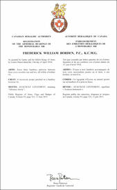 Letters patent registering the heraldic emblems of Frederick William Borden