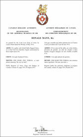 Lettres patentes enregistrant les emblèmes héraldiques de Donald Mann