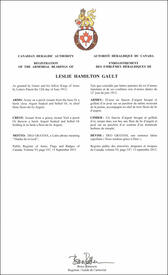 Letters patent registering the heraldic emblems of Leslie Hamilton Gault