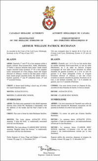 Lettres patentes enregistrant les emblèmes héraldiques d'Arthur William Patrick Buchanan