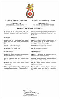 Lettres patentes enregistrant les emblèmes héraldiques de Thomas Reginald Davidson
