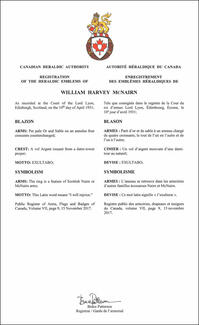 Letters Patent registering the Heraldic Emblems of William Harvey McNairn
