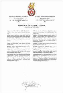 Lettres patentes confirmant les emblèmes héraldiques du Redeemer University College Lettres patentes confirmant les emblèmes héraldiques du Redeemer University College