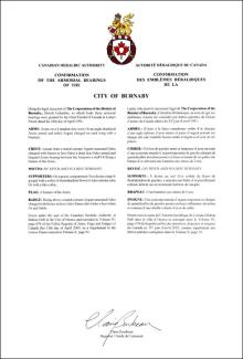 Lettres patentes confirmant les emblèmes héraldiques de la City of Burnaby