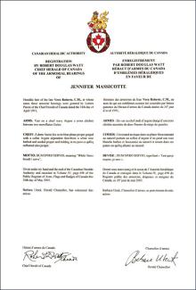 Lettres patentes enregistrant les armoiries de Jennifer Massicotte