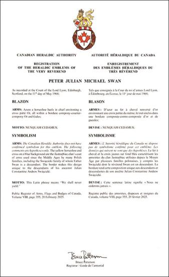 Arms of Peter Julian Michael Swan