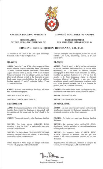 Lettres patentes enregistrant les emblèmes héraldiques d'Erskine Brock Quirin Buchanan