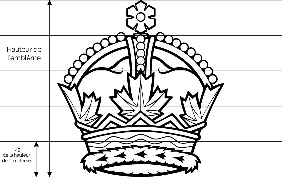 Contour de la couronne royale sur un fond ligné. En marge, on lit : « Hauteur de l'emblème » et « 1/5 de la hauteur de l'emblème ».