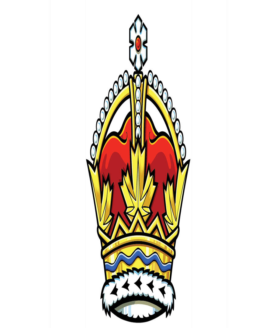 An elongated crown with a fur trim; gold stylized maple leaves; a red cap and gold arches with pearls bridging to a snowflake at the top.