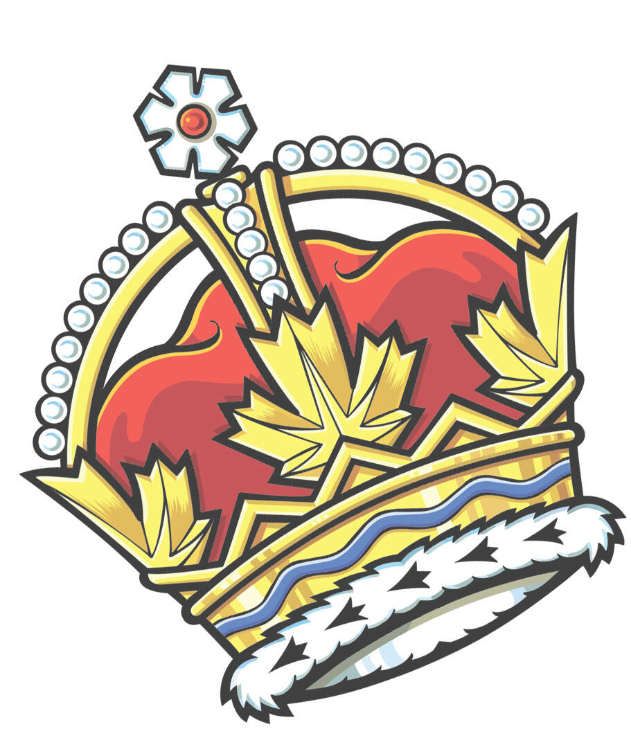 A crown tilted to the left with a fur trim; gold stylized maple leaves; a red cap and gold arches with pearls bridging to a snowflake at the top.