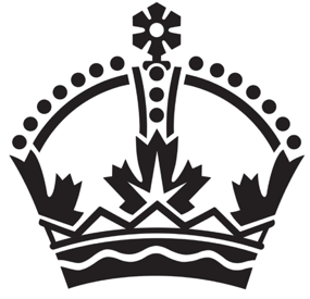 A black on white contrast crown; a rim with waves and peaks; stylized maple leaves and arches with pearls bridging to a snowflake at the top.