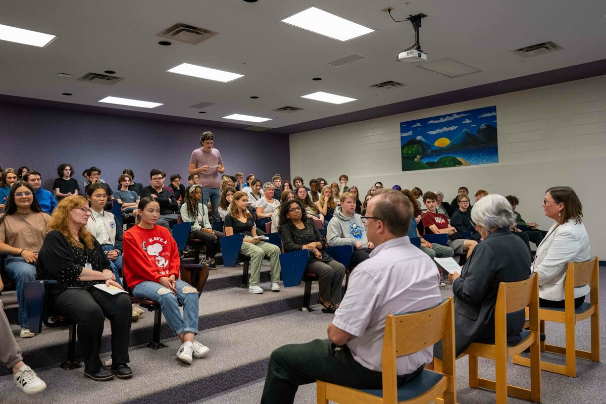Governor General Mary Simon speaks with students at the Charlottetown Rural High School