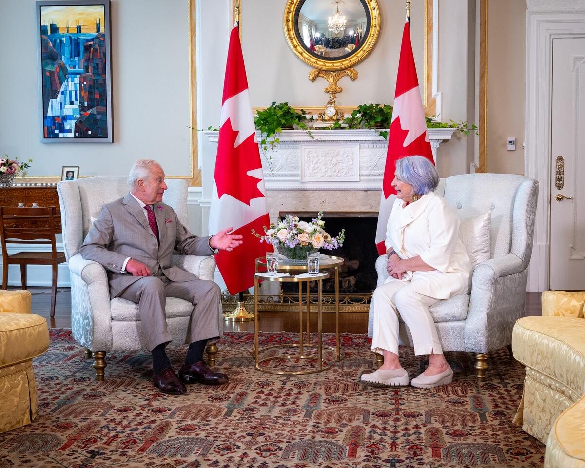 His Majesty King Charles III seated across from the Governor General in Rideau Hall.