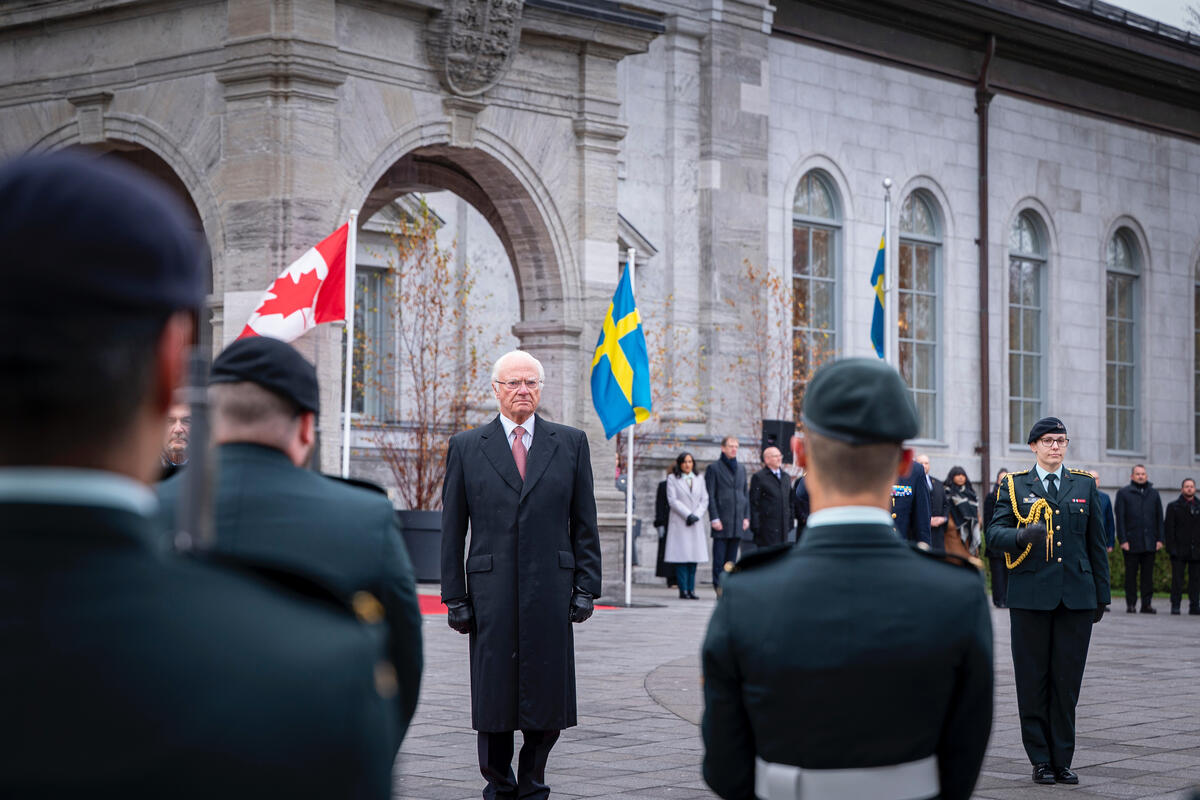 His Majesty King Carl XVI Gustaf standing on a dais before a guard of honour.
