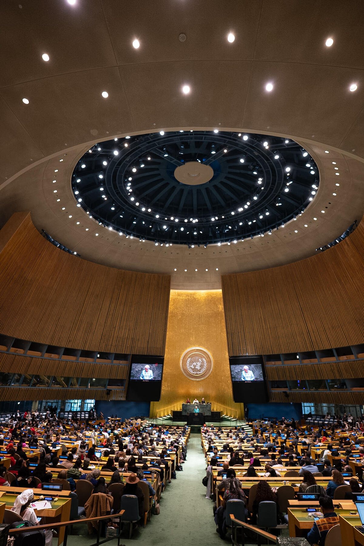 Vue panoramique d'une salle de conférence de l'ONU. La gouverneure générale Mary Simon se tient debout derrière le pupitre.