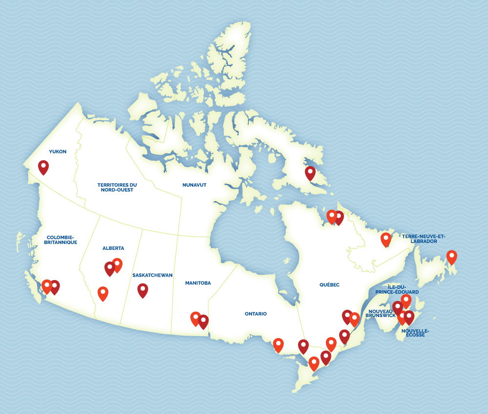 Carte du Canada avec des repères indiquant différents lieux.